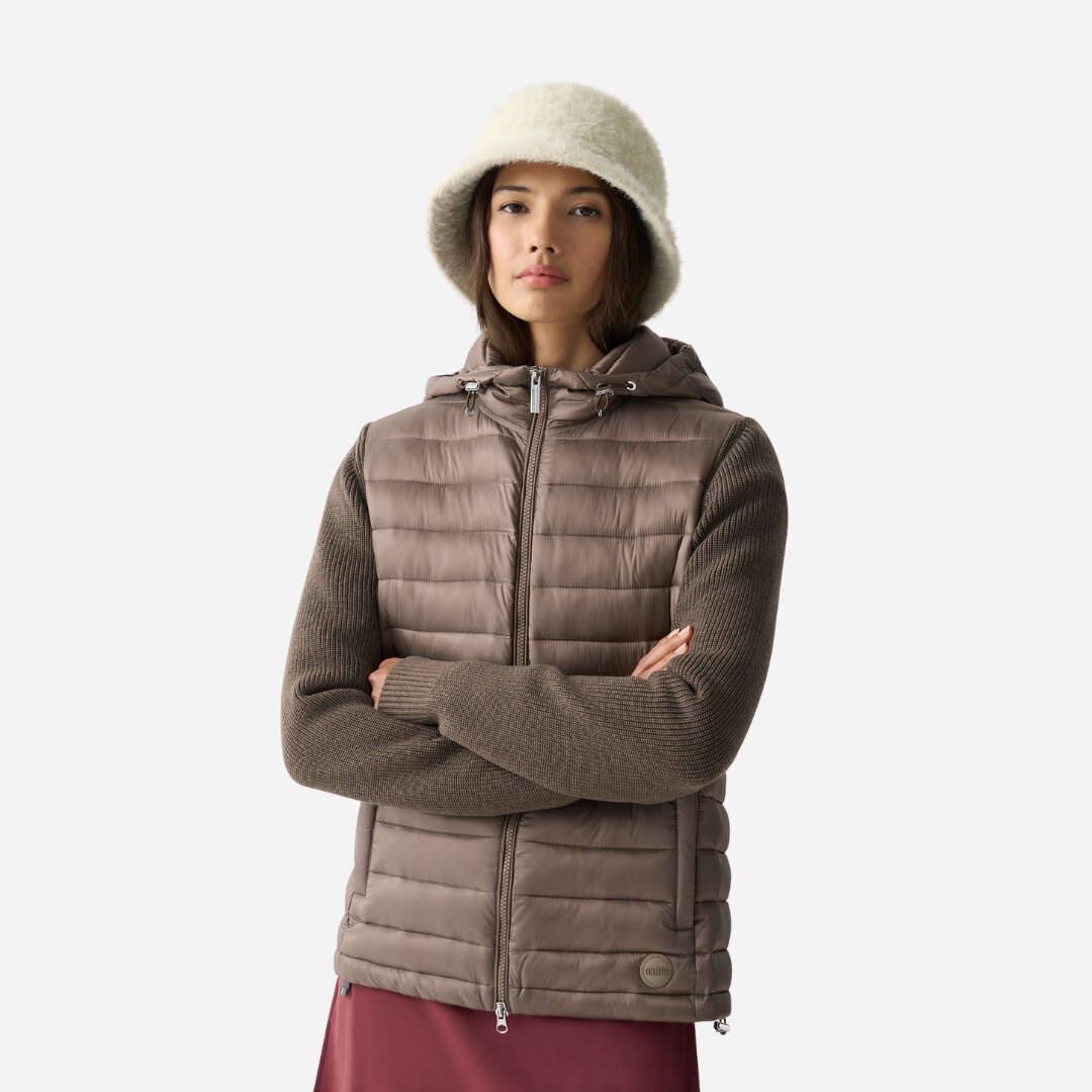 Hooded Jacket With Knit Sleeves - Yam Brown