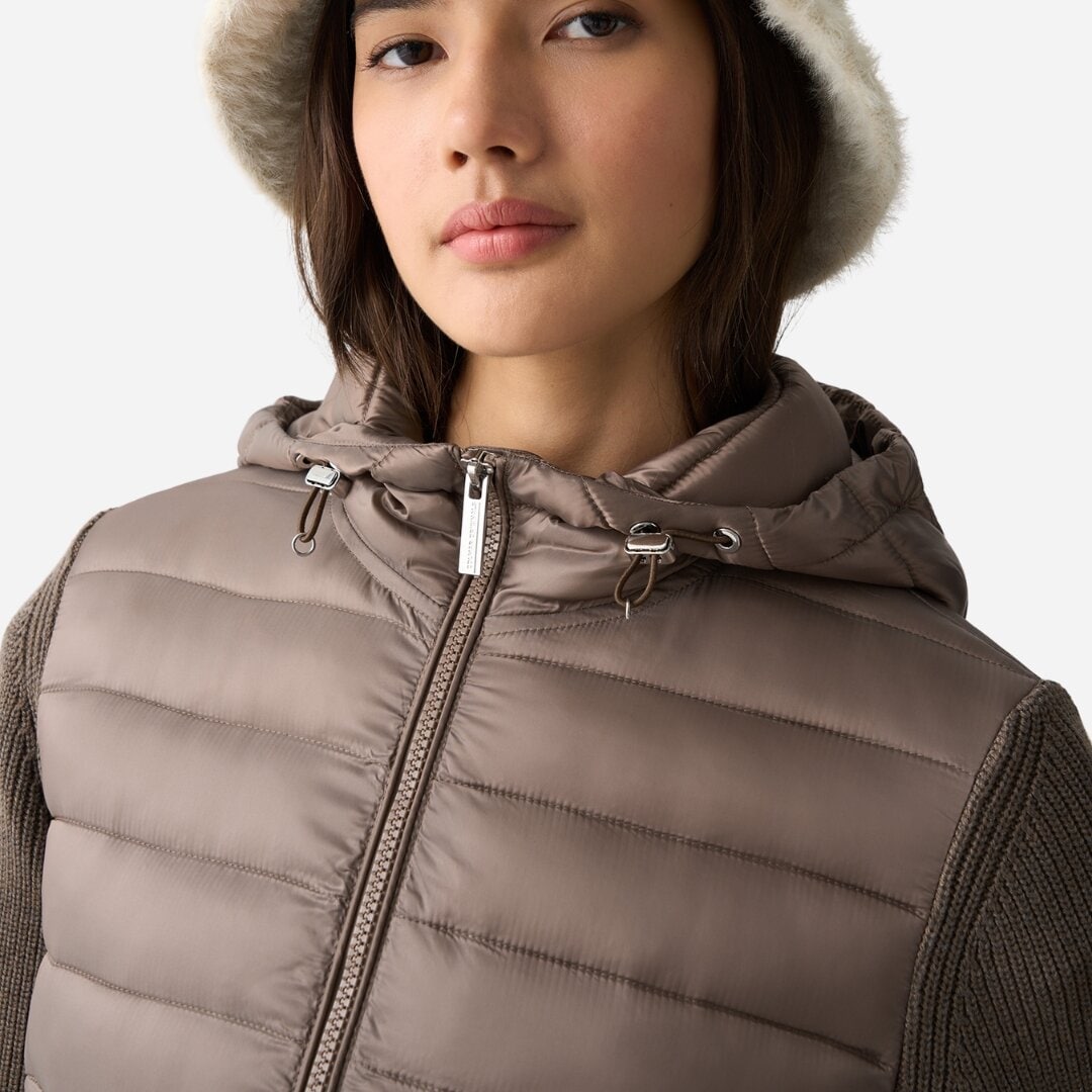 Hooded Jacket With Knit Sleeves - Yam Brown