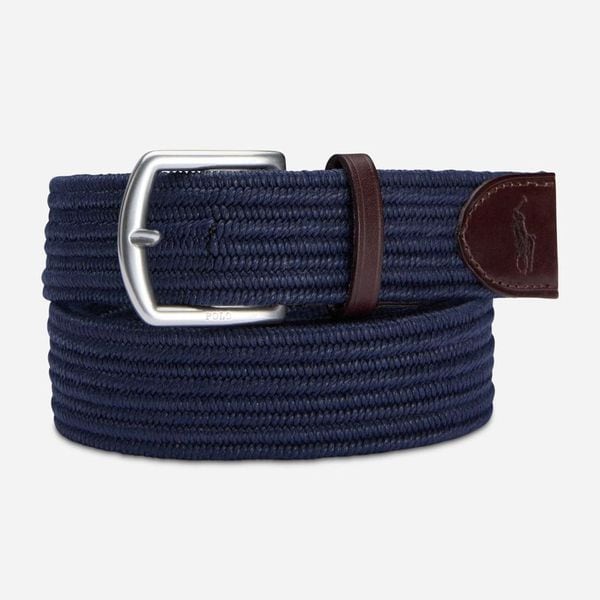 Leather-Trim Braided Belt - Navy