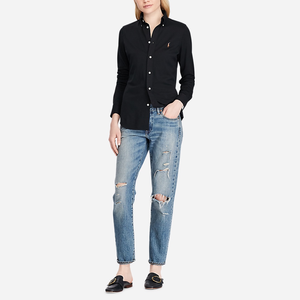 Slim Fit Knit Cotton Oxford Shirt - Polo Black