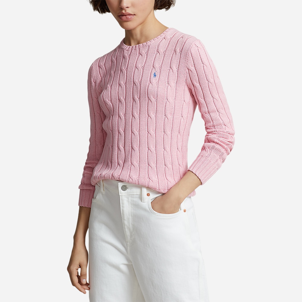 Cable-Knit Cotton Crewneck Sweater - Carmel Pink
