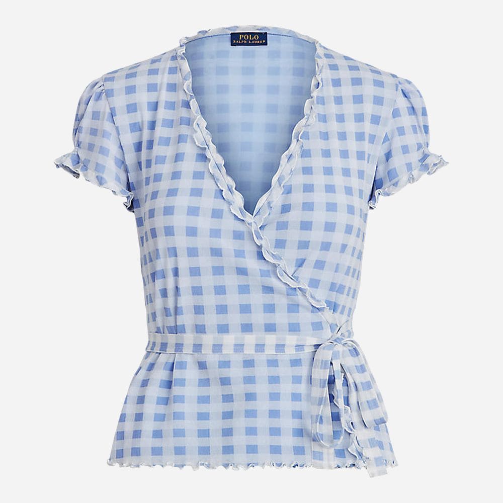 Gng Wrp Tp-Short Sleeve-Knit Blue/White Gingham