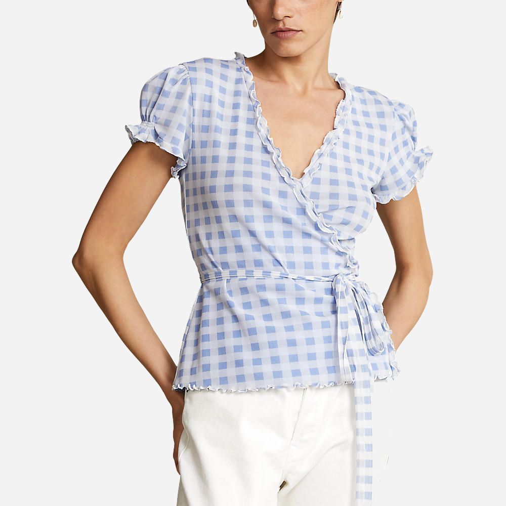 Gng Wrp Tp-Short Sleeve-Knit Blue/White Gingham