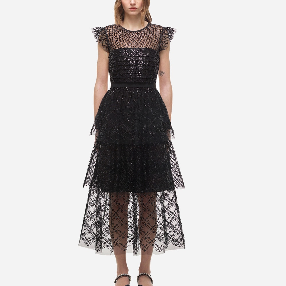 Grid Sequin Tiered Midi Dress Black