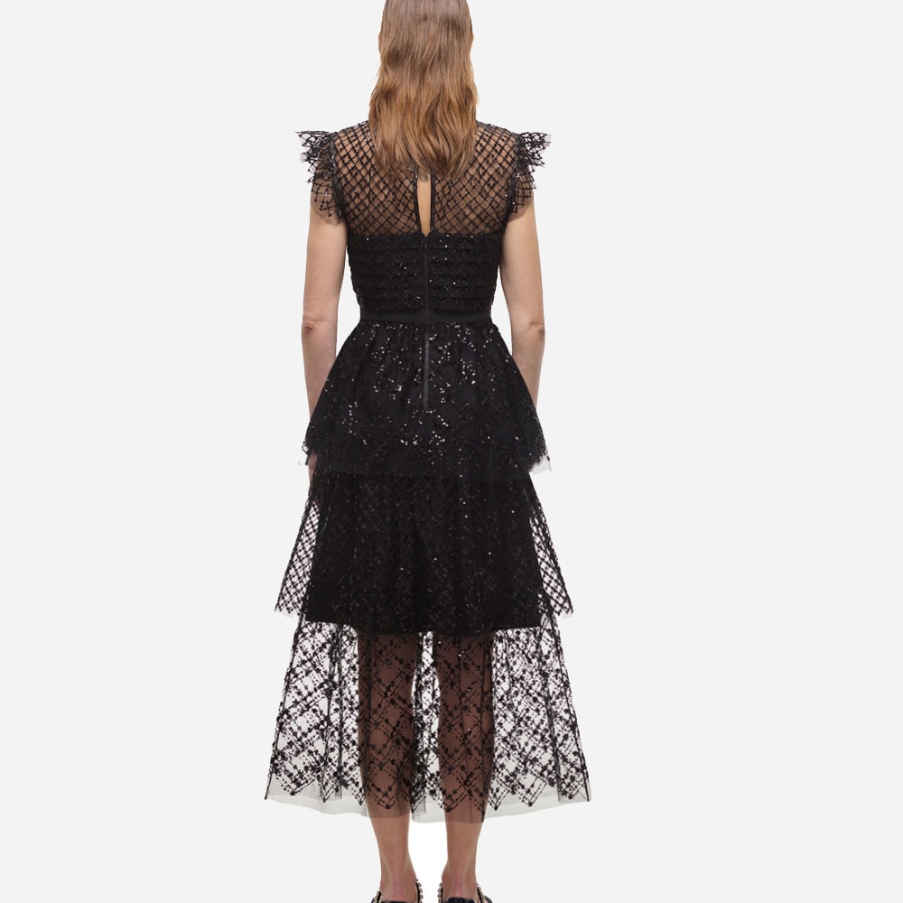 Grid Sequin Tiered Midi Dress Black
