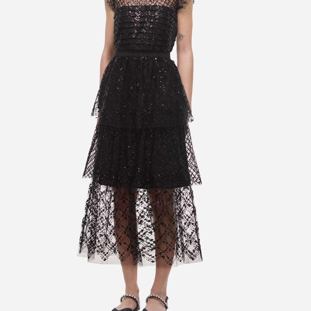 Grid Sequin Tiered Midi Dress Black