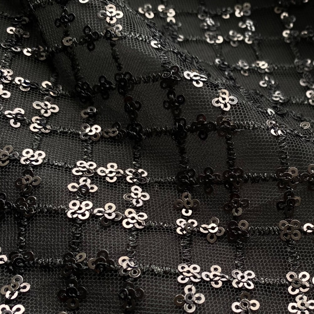 Grid Sequin Tiered Skirt Black