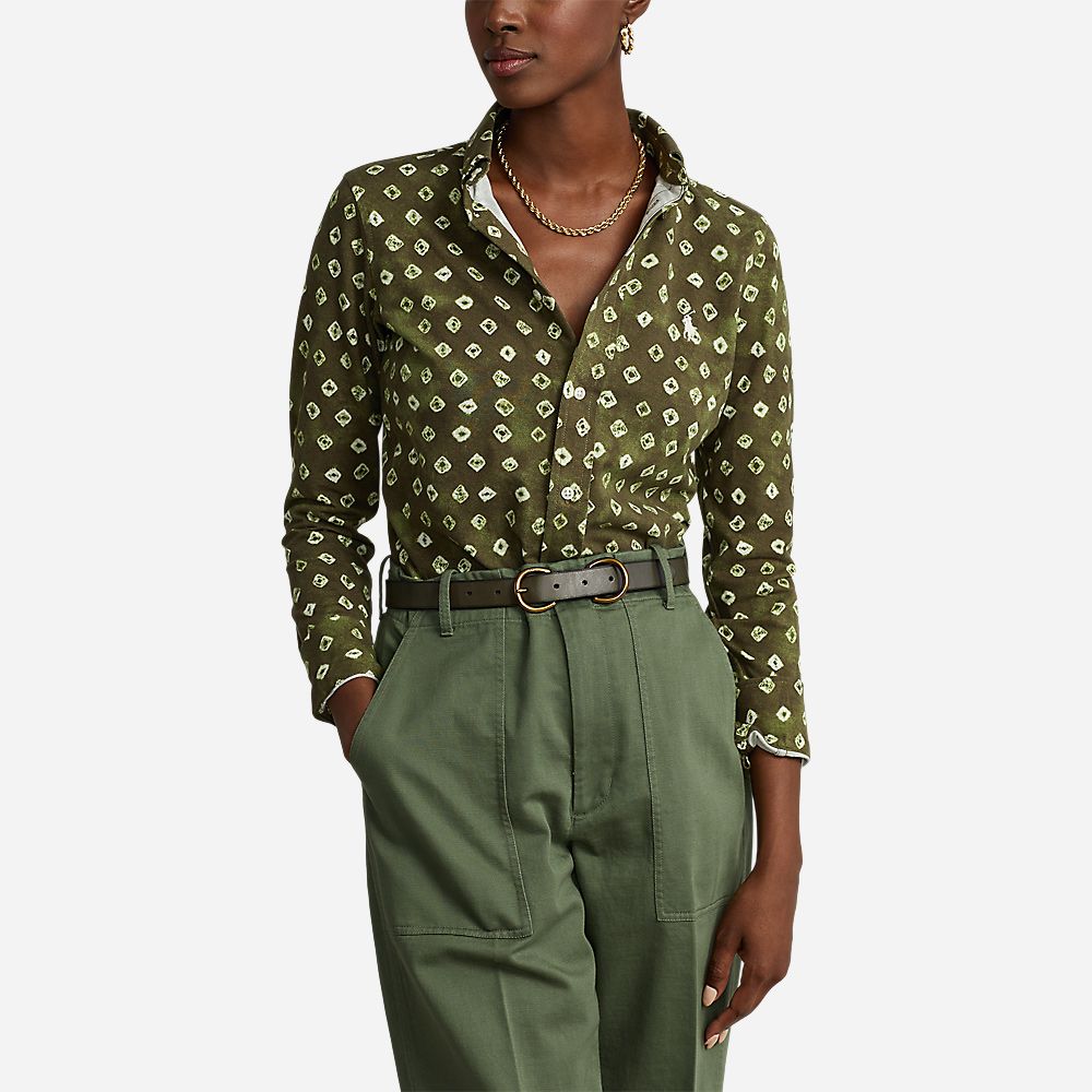 Prnt Heidi-Long Sleeve-Button Front Shirt Olive/Whit
