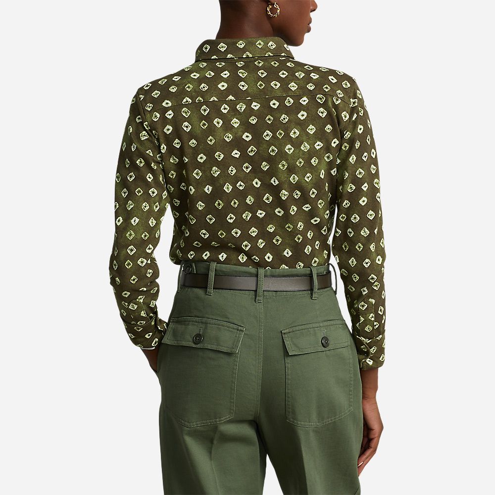 Prnt Heidi-Long Sleeve-Button Front Shirt Olive/Whit