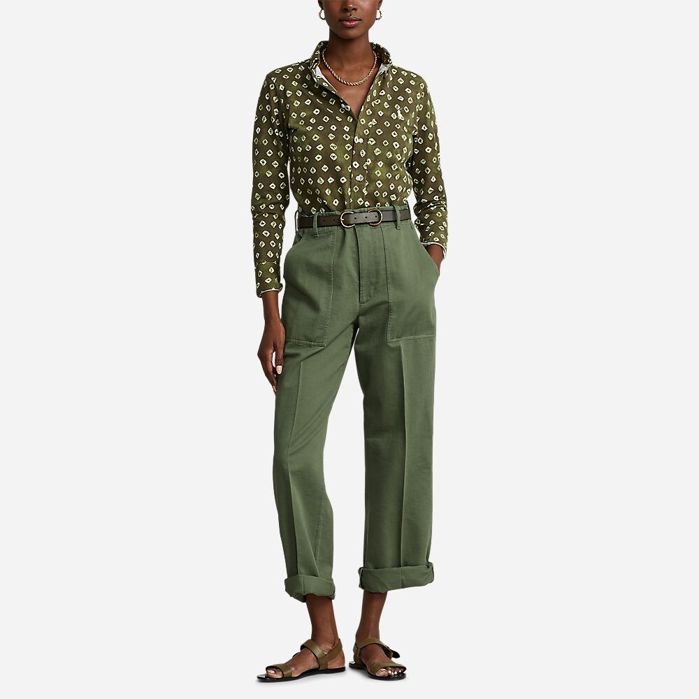 Prnt Heidi-Long Sleeve-Button Front Shirt Olive/Whit