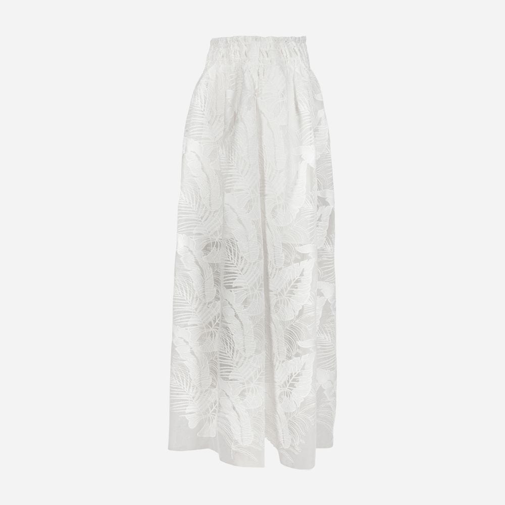 Tropical Leaf Embroidered Midi Skirt White