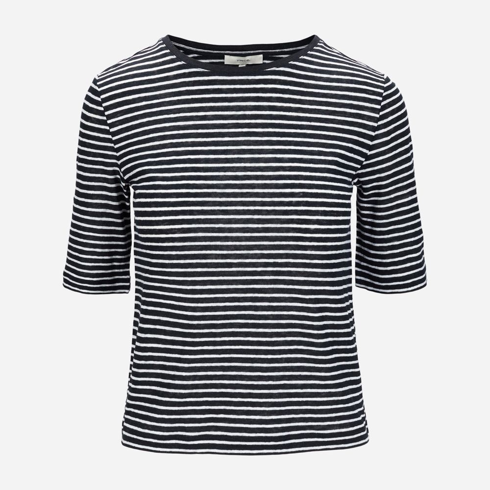 Striped Linen Elbow Slv Crew 470 Costal