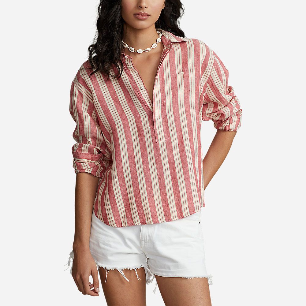 Po Wd Crp St-Mid Sleeve-Button Front Shirt 1212 Pink/ Cream