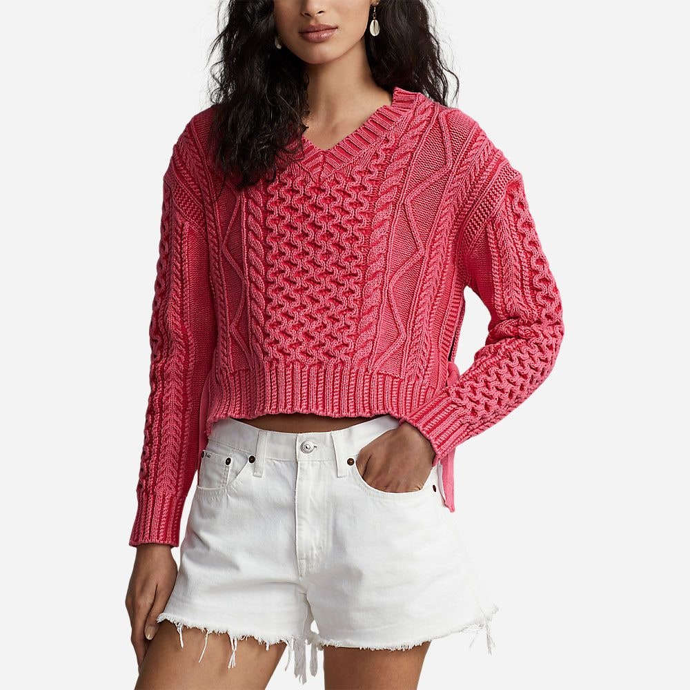 Aran Vn Po-Long Sleeve-Pullover Washed Hot Pink