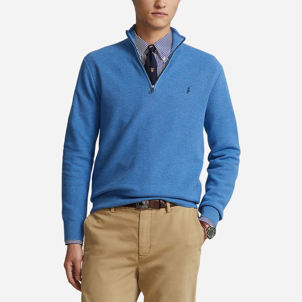 Mesh-Knit Cotton Quarter-Zip Sweater Blue Heather