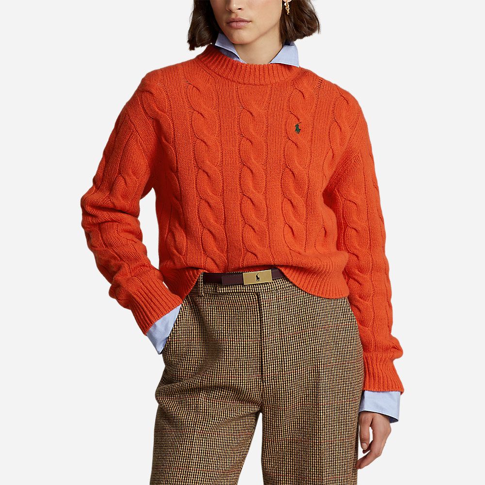 Cable Wool-Cashmere Mockneck Sweater Orange