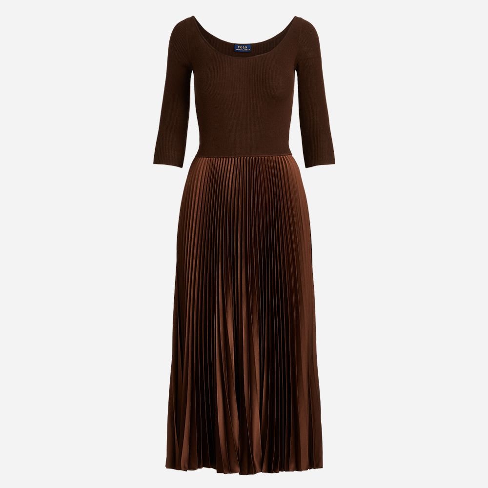 Hybrid Sweater-Pleated Ballet-Neck Dress - American Brown