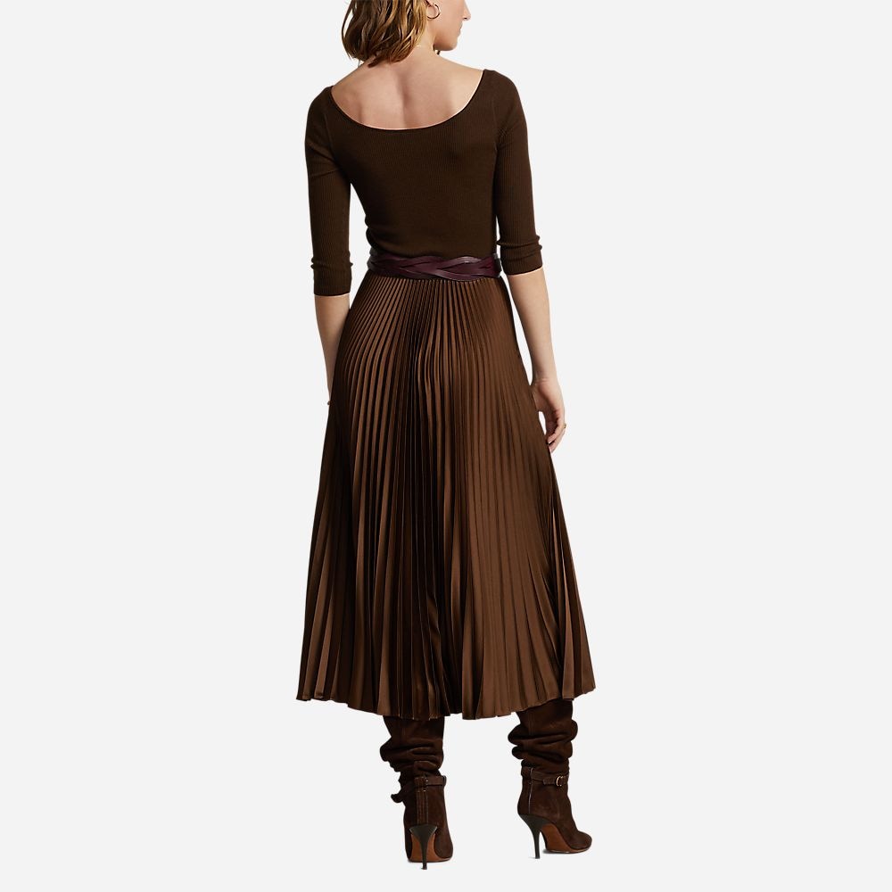 Hybrid Sweater-Pleated Ballet-Neck Dress - American Brown