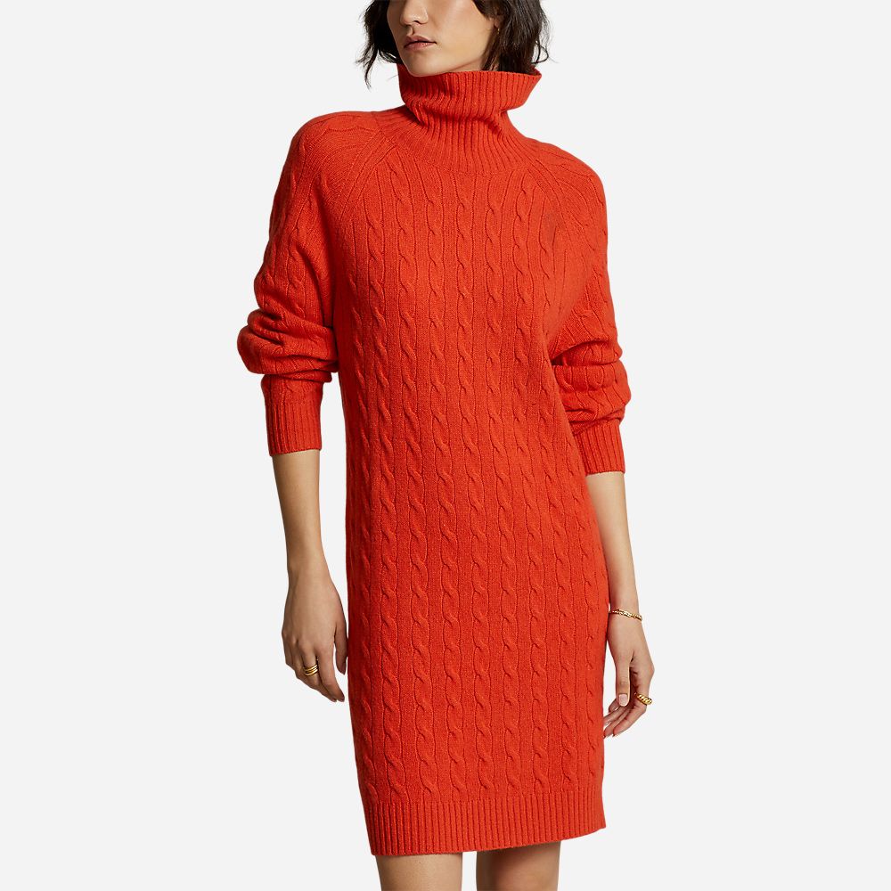 Wool-Cashmere Turtleneck Sweater Dress Orange
