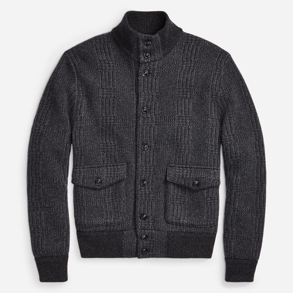 Glen Plaid Cashmere Cardigan Charcoal Multi