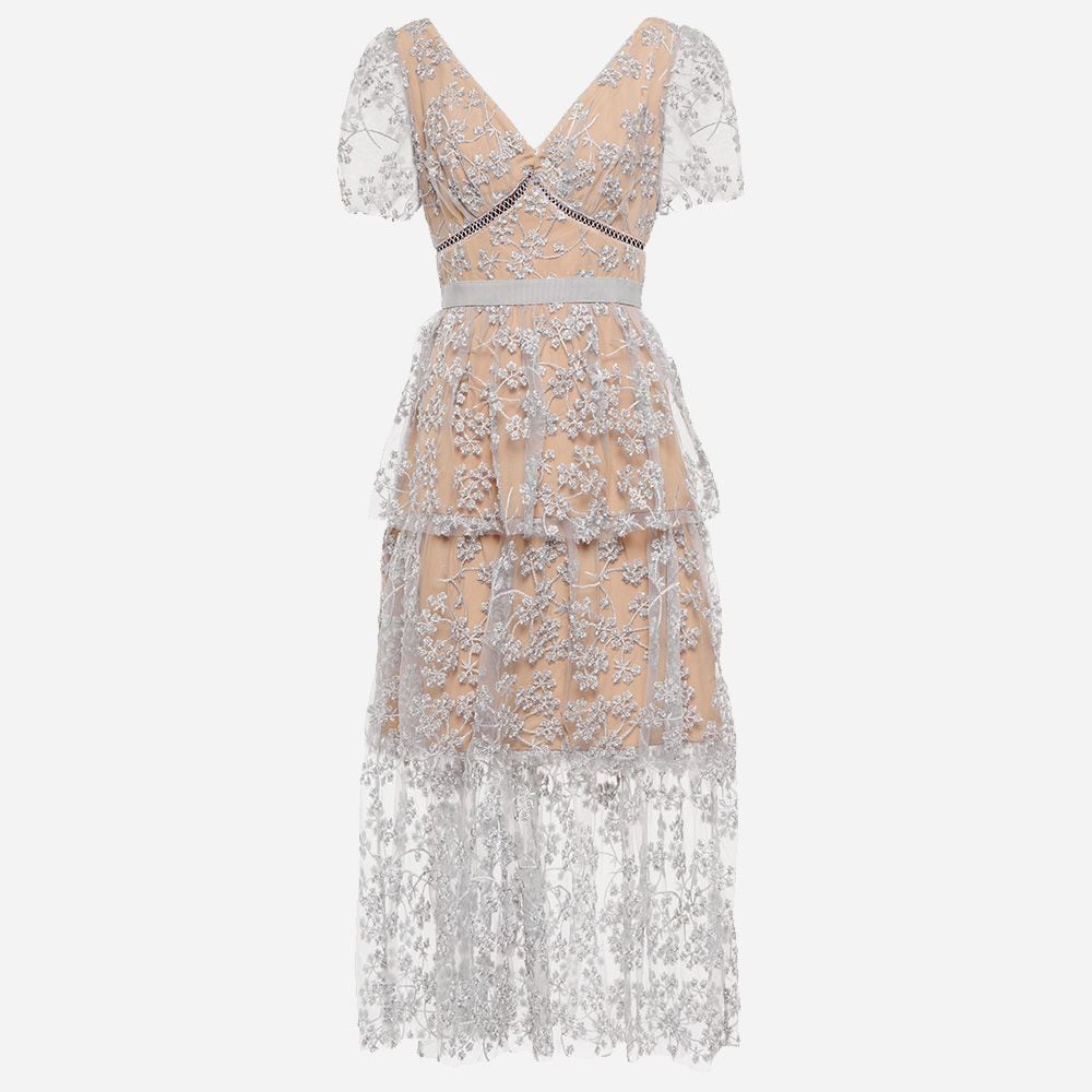 Embroidered Blossom Tiered Midi Dress Silver