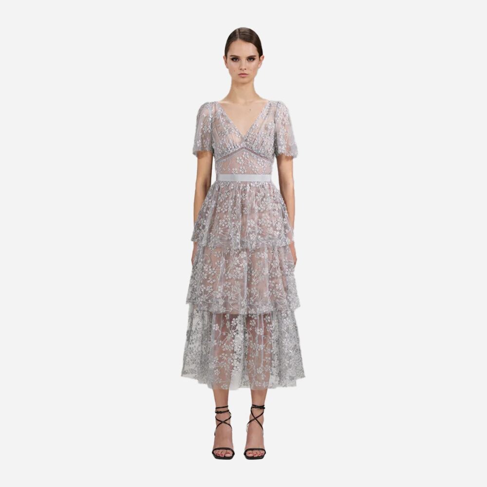 Embroidered Blossom Tiered Midi Dress Silver