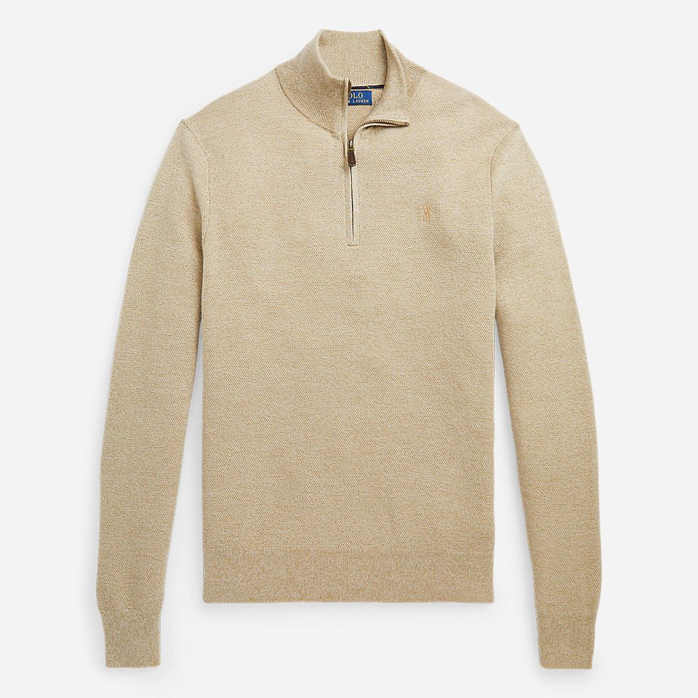 Washable Wool Quarter-Zip Sweater Tan Marl