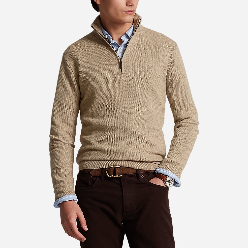 Washable Wool Quarter-Zip Sweater Tan Marl