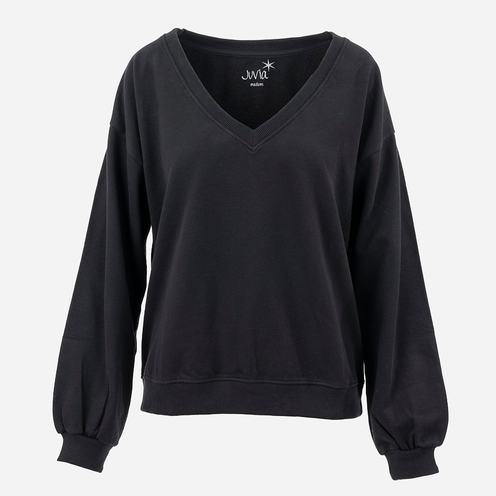 Fleece Sweater V-Neck With Puffy Sleeves Black
