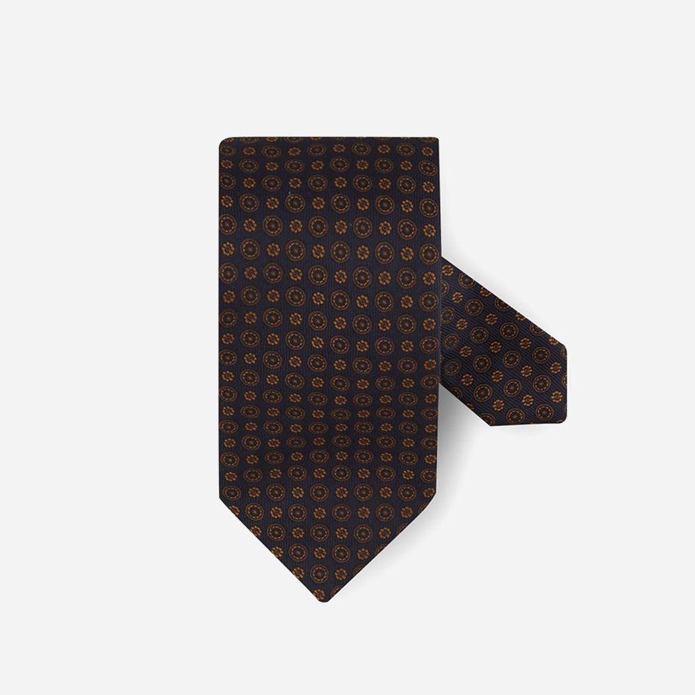 Silk Tie - Navy Brown Pattern