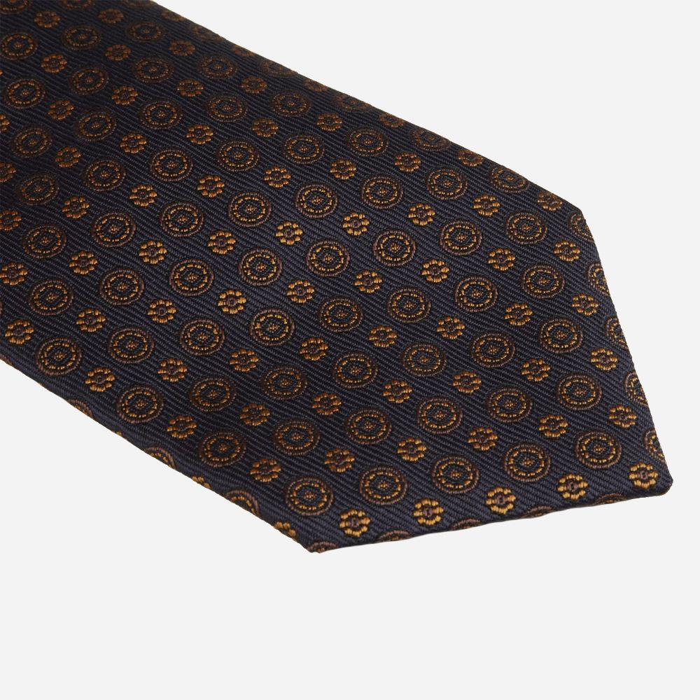 Silk Tie - Navy Brown Pattern
