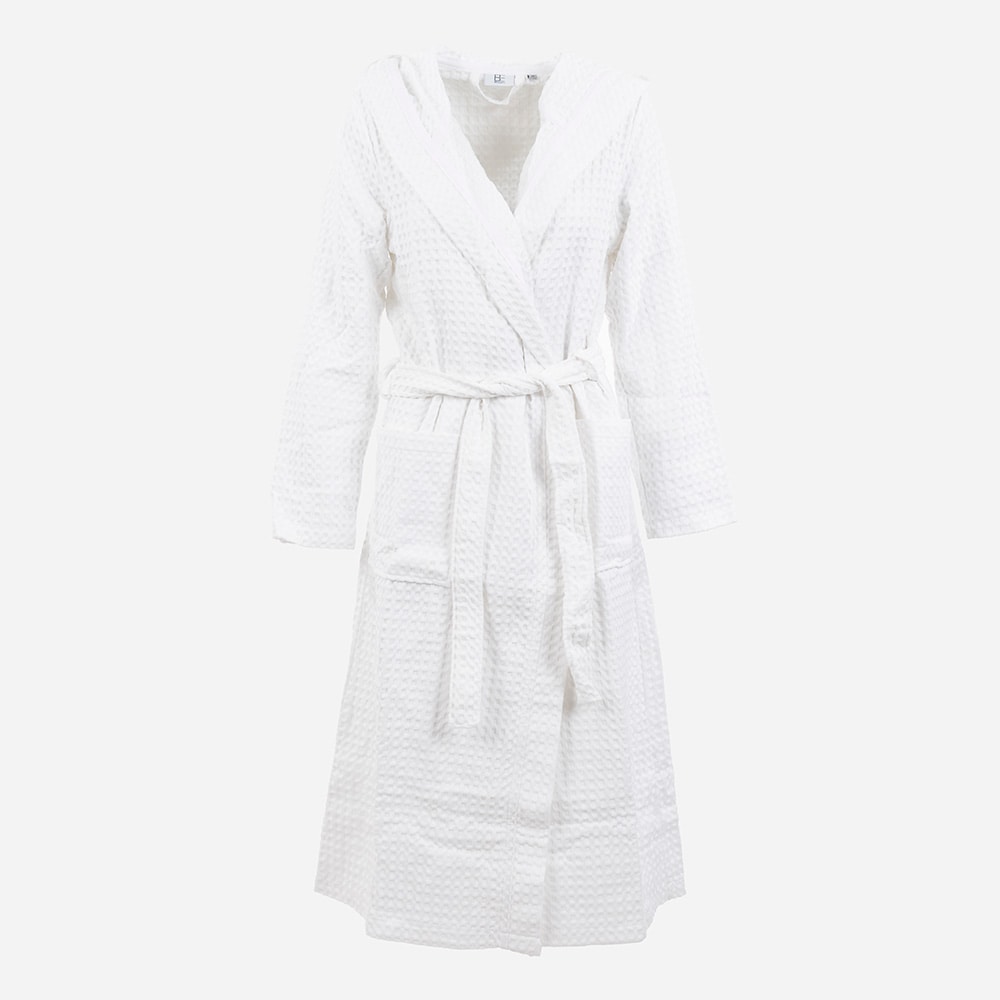 Organic Waffle Robe Hood Long - White