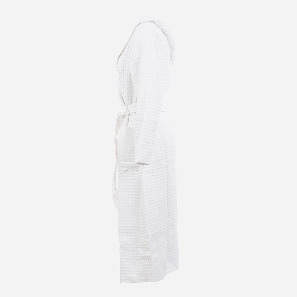 Organic Waffle Robe Hood Long - White