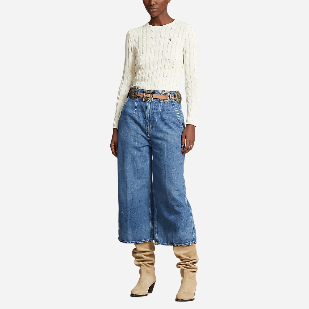 Cable Knit Cotton Crewneck Sweater - Cream