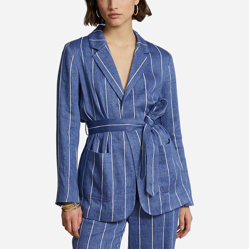Striped Belted Linen-Cotton Blazer - Blue/White Stripe