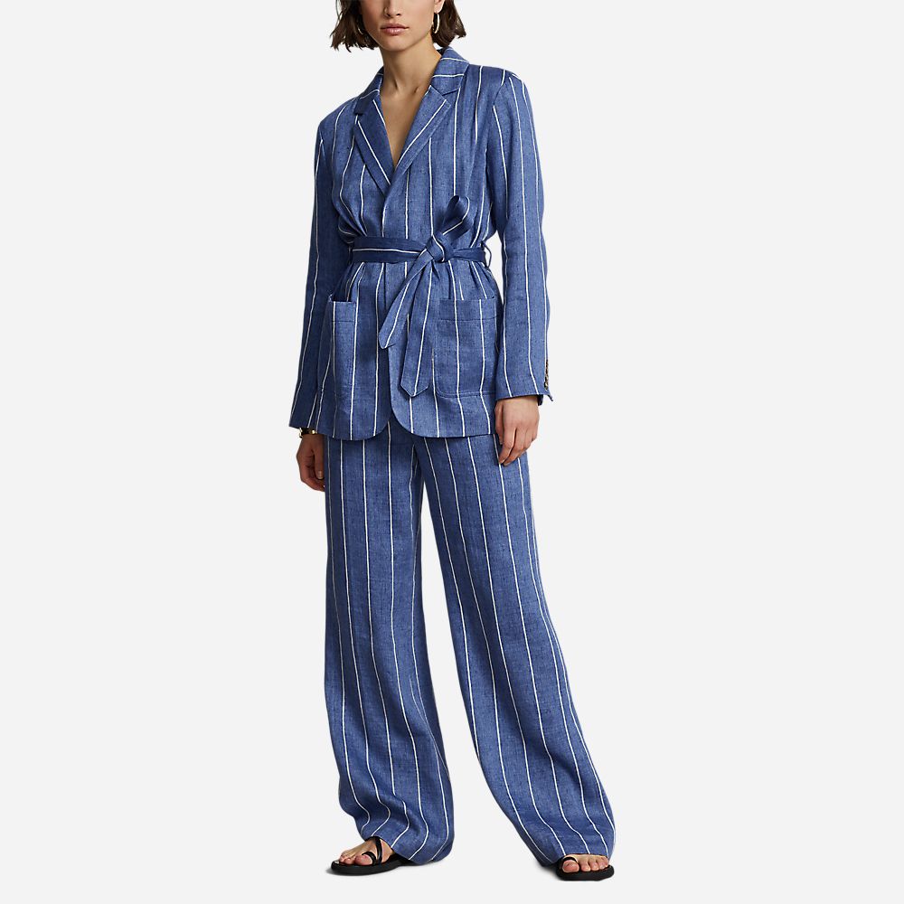 Striped Belted Linen-Cotton Blazer - Blue/White Stripe