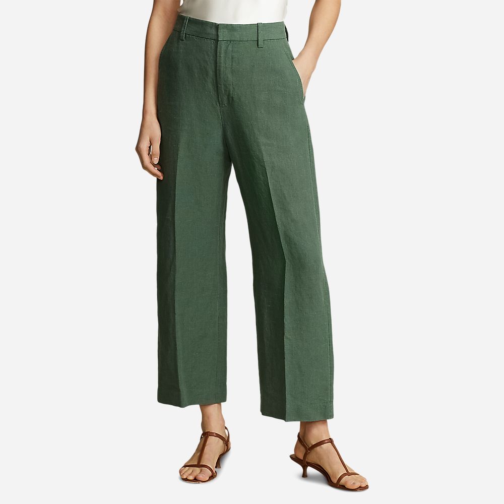 Linen Cropped Wide Leg Pant - Green