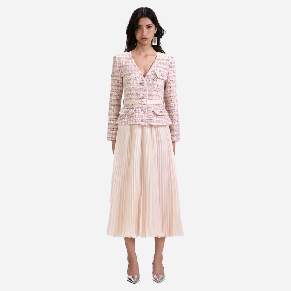 Sequin Boucle Midi Dress - Pink