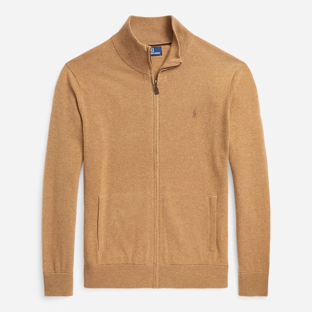 Wool Full Zip Sweater - Latte Brown Heather