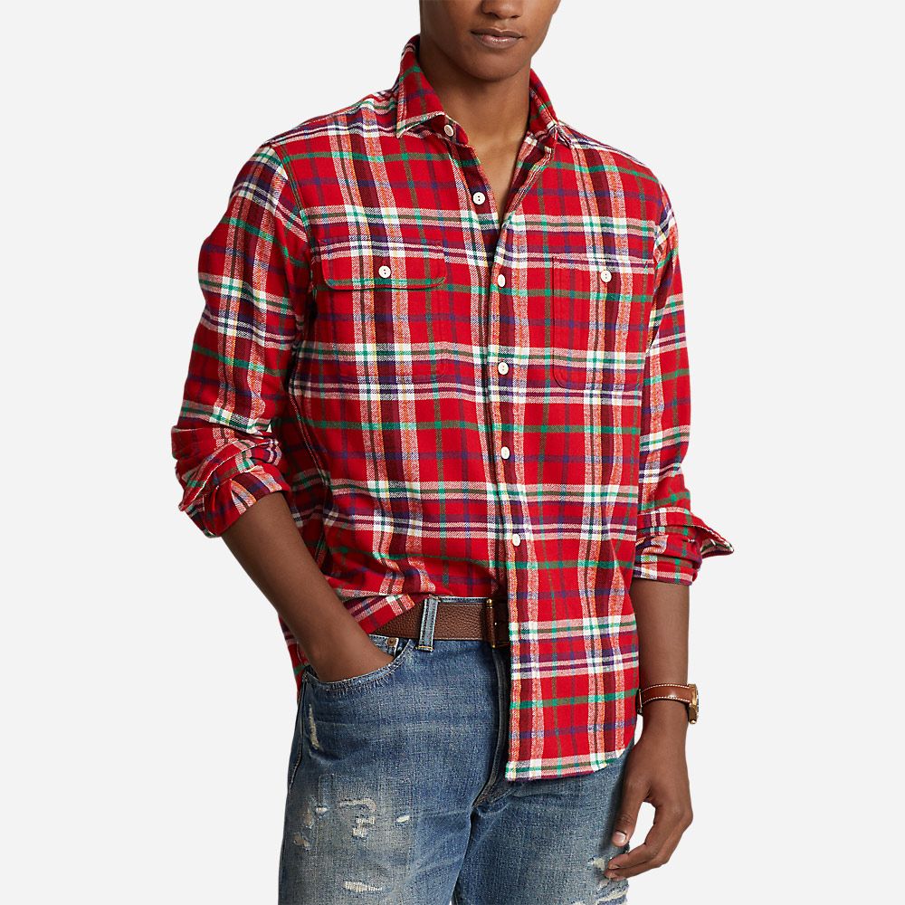 Custom Fit Long Sleeve Sport Shirt - Red/White Multi