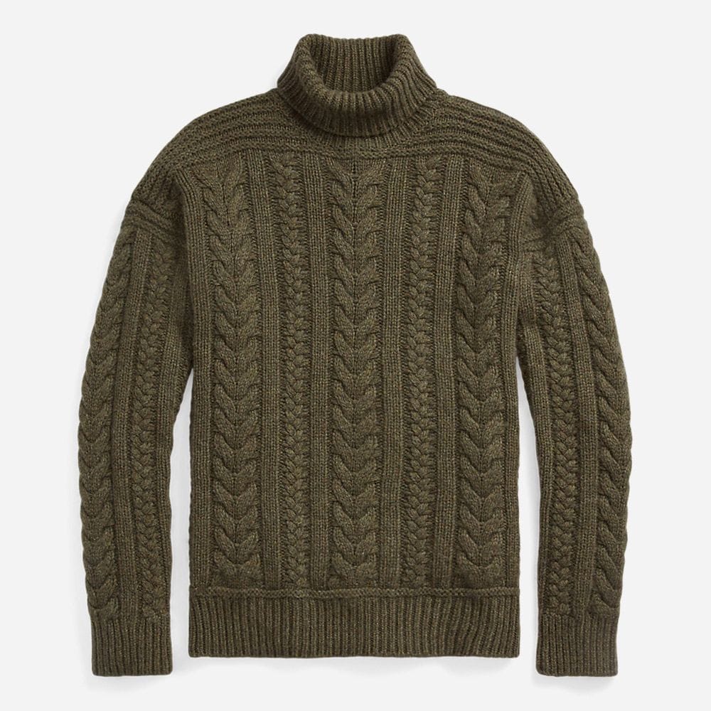 Aran Knit Cashmere Turtleneck Sweater - Thickt Moss Melange