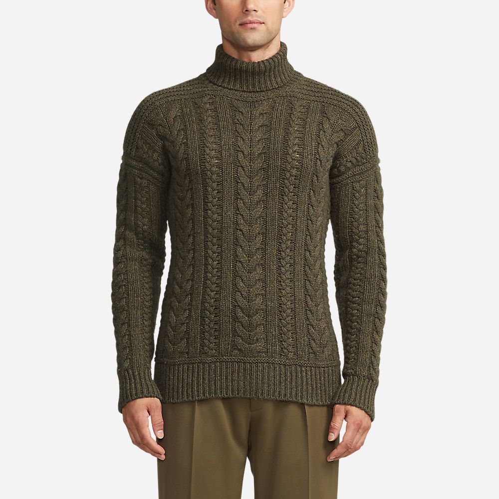 Aran Knit Cashmere Turtleneck Sweater - Thickt Moss Melange