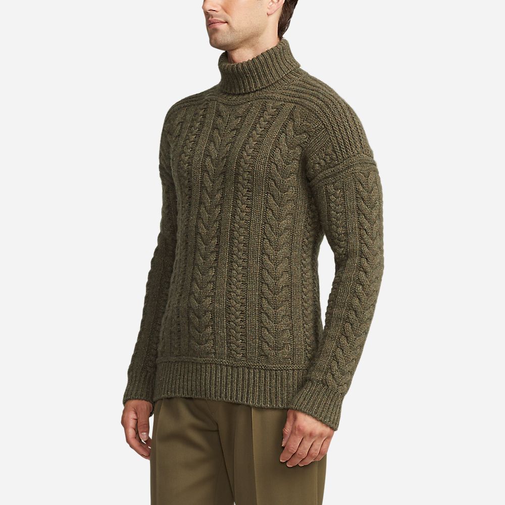 Aran Knit Cashmere Turtleneck Sweater - Thickt Moss Melange