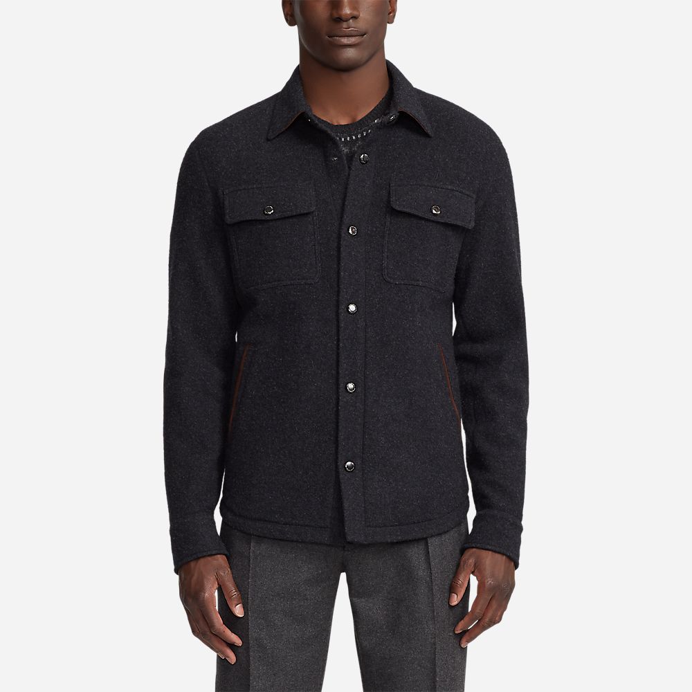 Suede Trim Wool Cashmere Shirt Jacket - Charcoal