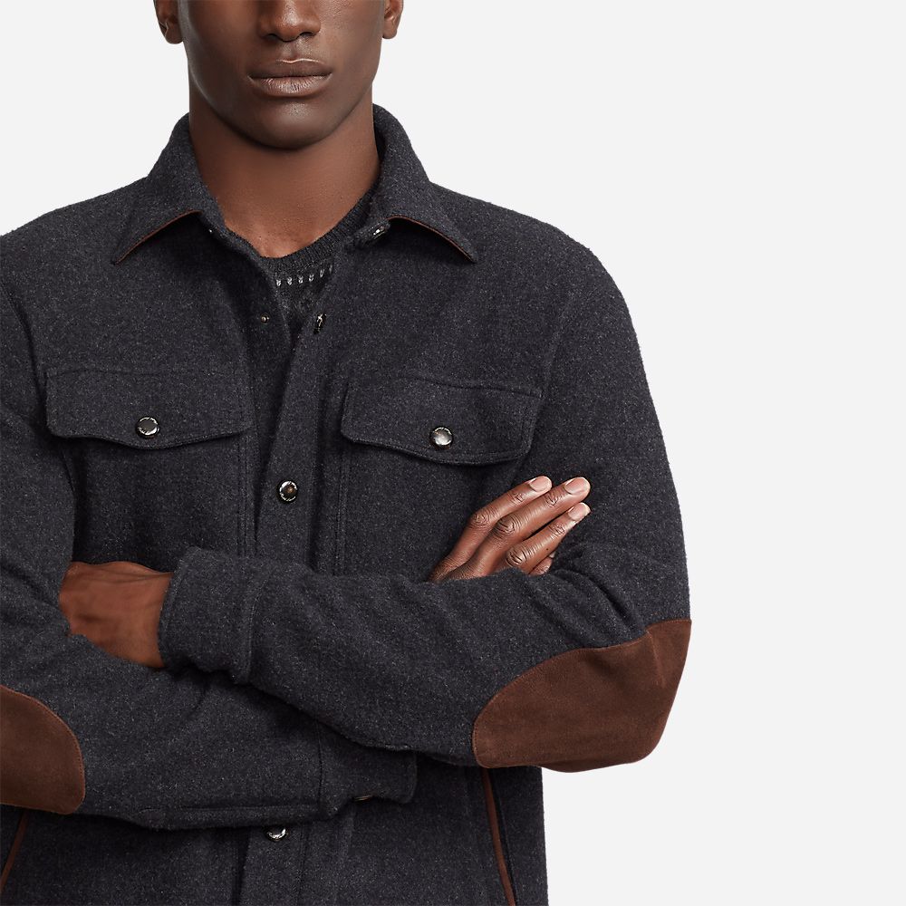 Suede Trim Wool Cashmere Shirt Jacket - Charcoal