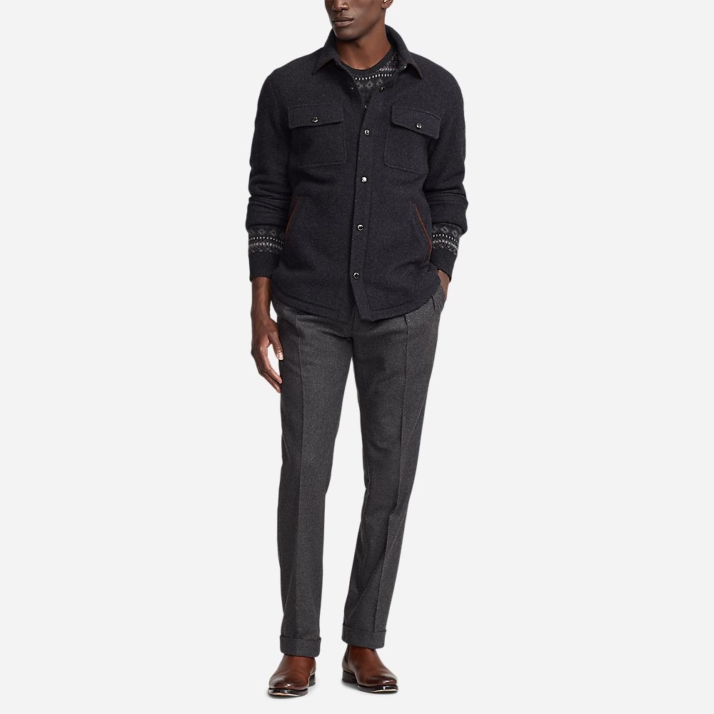 Suede Trim Wool Cashmere Shirt Jacket - Charcoal