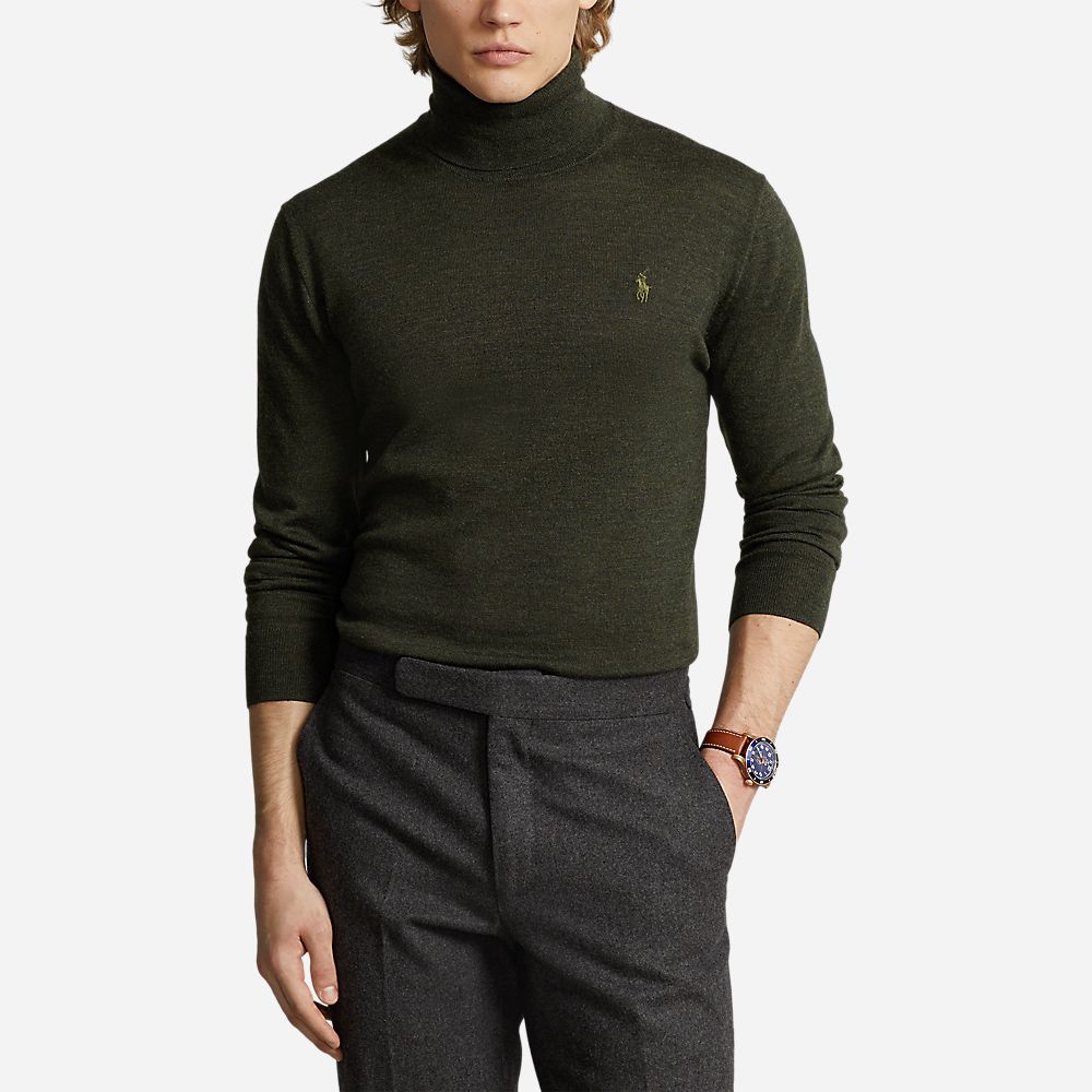 Washable Wool Roll Neck Jumper - Olive Heather
