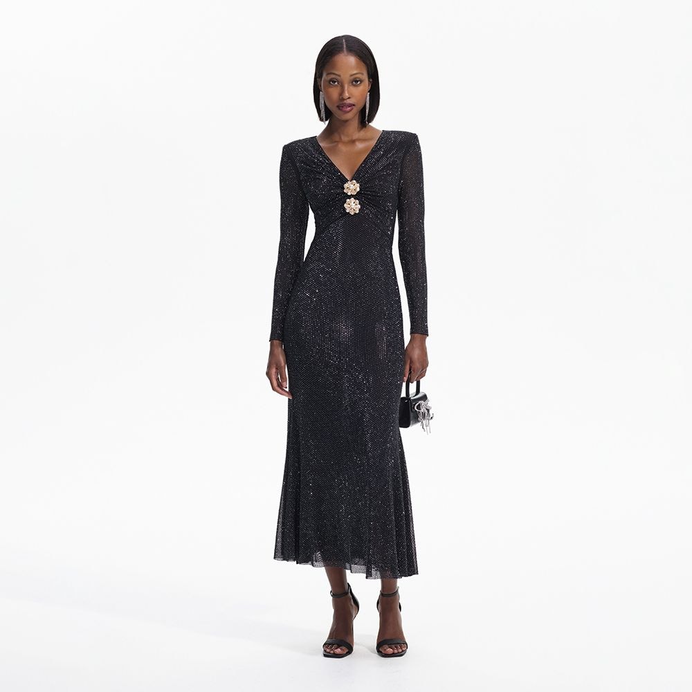 Rhinestone Mesh V-Neck Midi Dress - Black
