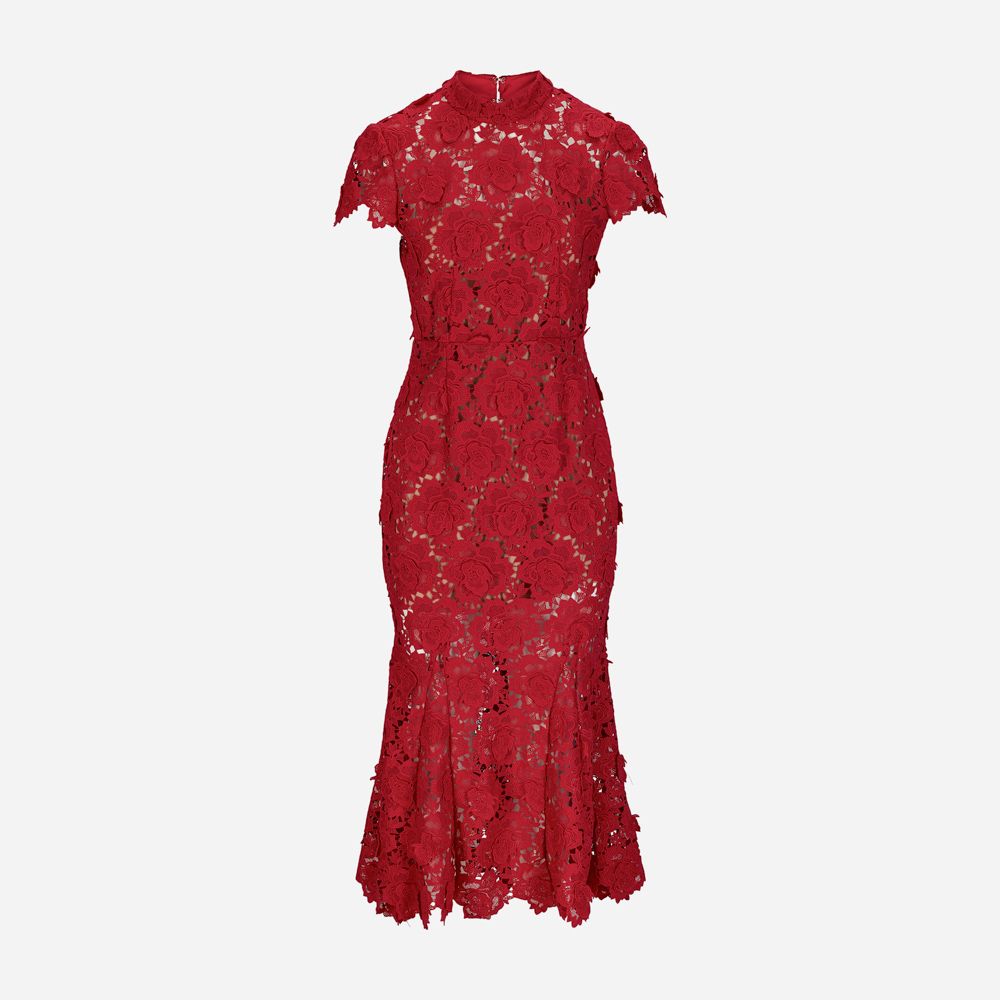 Flower Lace Midi Dress - Red