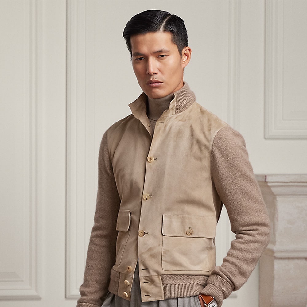 Suede-Front Cashmere Cardigan - Truffle Melange W/Truffle Sde